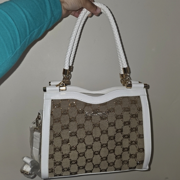 bebe Handbags - ☆BEBE AGATHE JACQUARD CRYSTAL SATCHEL White & Gold Bronze Tote Bag☆